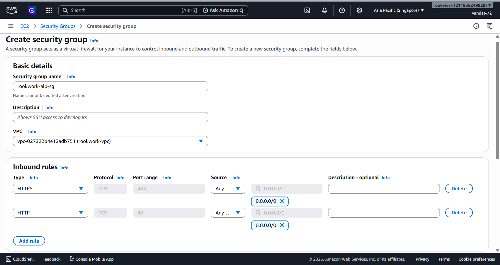 Create rookwork-alb-sg with Inbound HTTP/HTTPS from anywhere