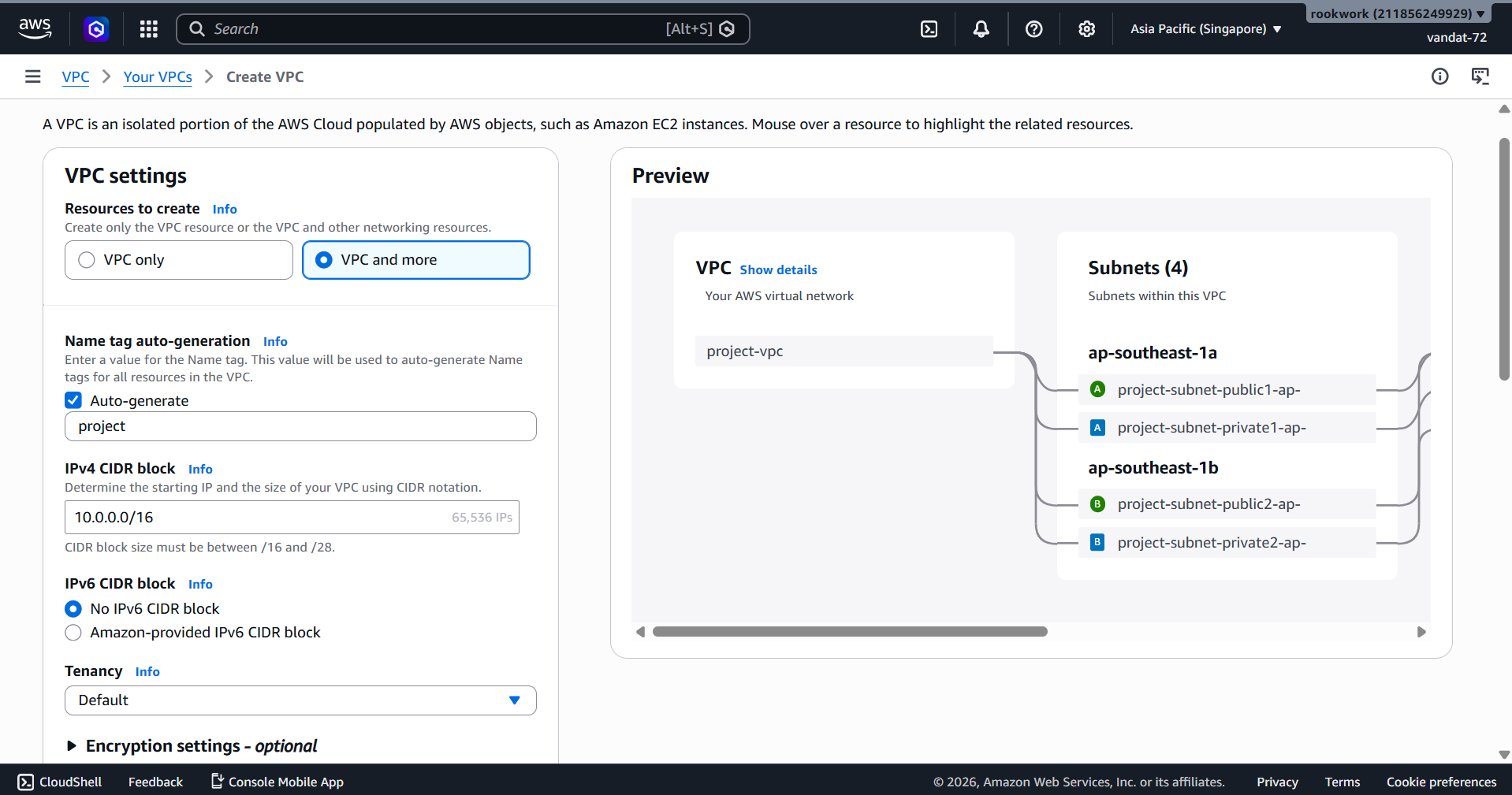 Configure VPC and more – Name, CIDR, Subnets, and Preview