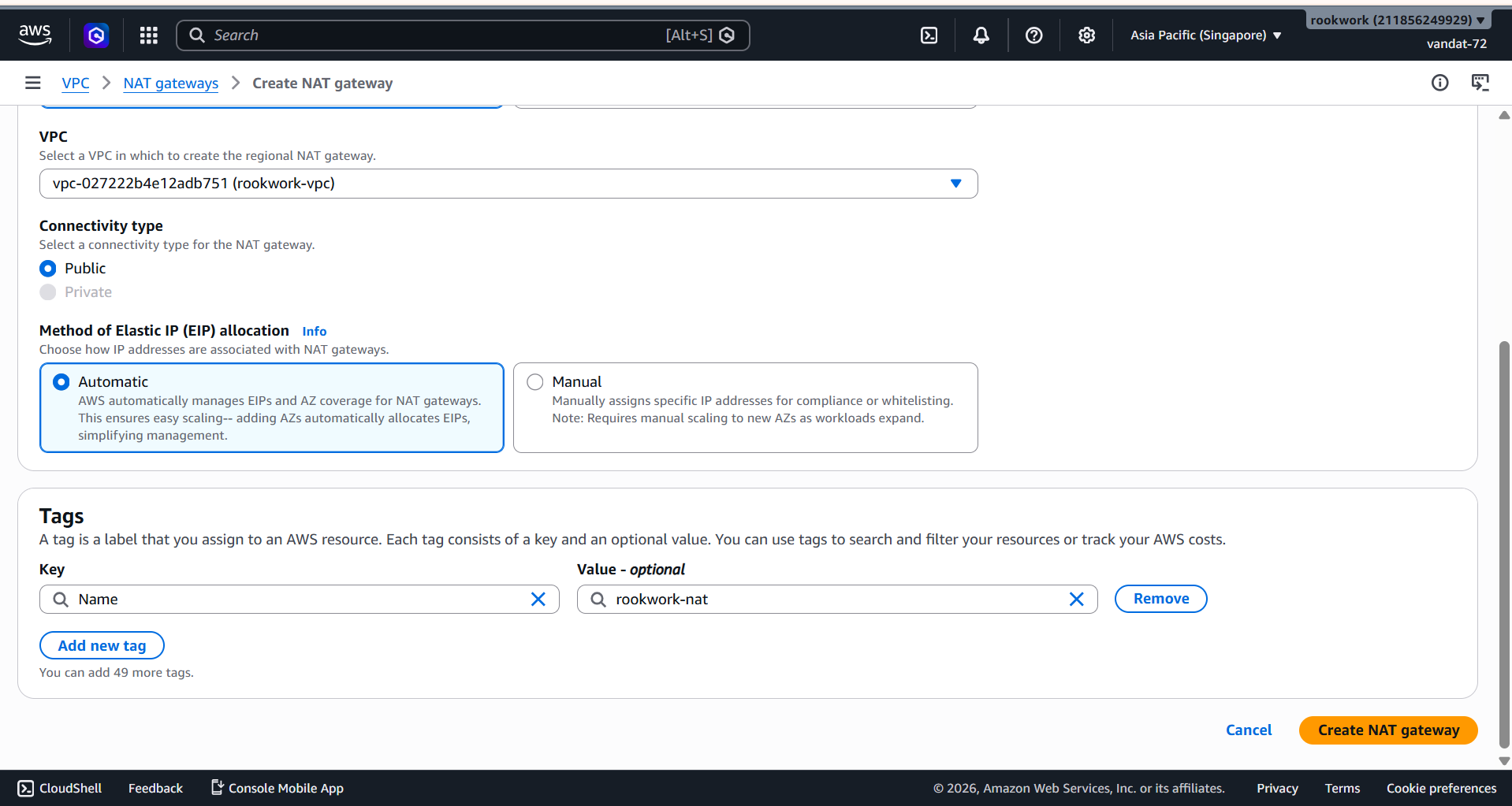 Confirm Tags and click Create NAT gateway